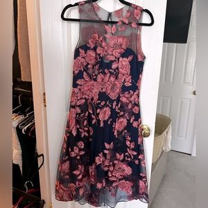 Marchesa Notte Designer Navy Floral Hi-Lo Cocktail/Wedding Guest Dress